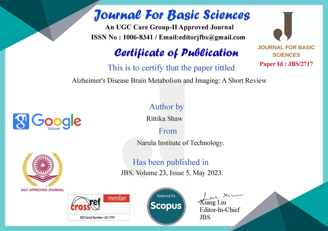 Paper Publication on Alzheimer's Disease Brain Metabolism and Imaging: A Short Review